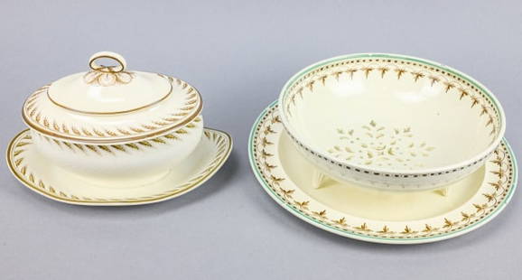 Collection Antique 18C Wedgwood Ivory Ware Pieces: Collection Antique 18C Wedgwood Ivory Ware Pieces with Hand Painted Trim in Brown and Turquoise. Plate measures 11 inches in diameter.