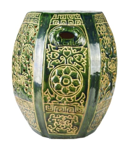 Julian Gage Ceramics Indo Persian Garden Stool: Julian Gage Ceramics Indo Persian Garden Stool with Pierced and Etched Design. 17 inches x 14 inches in diameter.