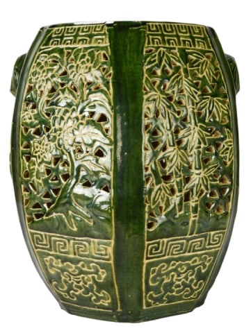 Julian Gage Ceramics Indo Persian Garden Stool: Julian Gage Ceramics Indo Persian Garden Stool with Pierced and Etched Design. 17 inches x 14 inches in diameter.