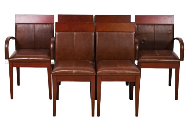6 Mobi Mahogany and Leather Dining Chairs: 6 Mobi Mahogany and Leather Dining Chairs.Measures 34 inches x 21inches x 21 inches.