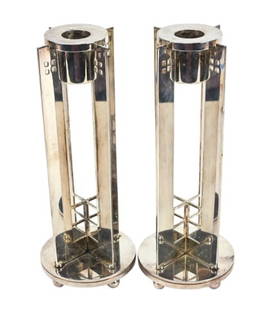 Pair Swid Powell Richard Meier Candlesticks: Pair Swid Powell Richard Meier Silver Plated Candlesticks Made in Italy Circa 1980's. With manufacturers mark. Measures 9 inches x 4 inches in diameter.