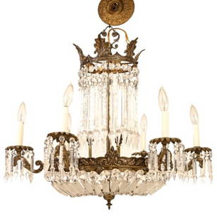 Antique French Empire Bronze Chandelier w Crown: Antique French Empire Bronze Chandelier w Crown Form Pediment. Measures 31 inches x 27 inches in diameter.