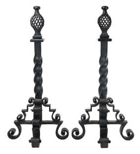 Samuel Yellin Wrought Iron Fireplace Andirons: Vintage Samuel Yellin Style Wrought Iron Fireplace Andirons or Chenets. Measure 30 inches x 13 inches x 8 inches.