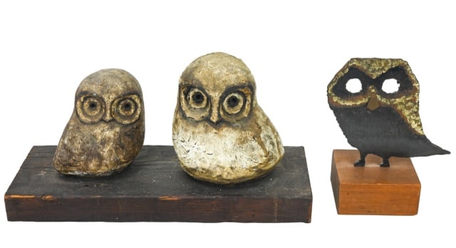 2 Mid Century Owl Scuptures Metal and Clay (1 of 7)