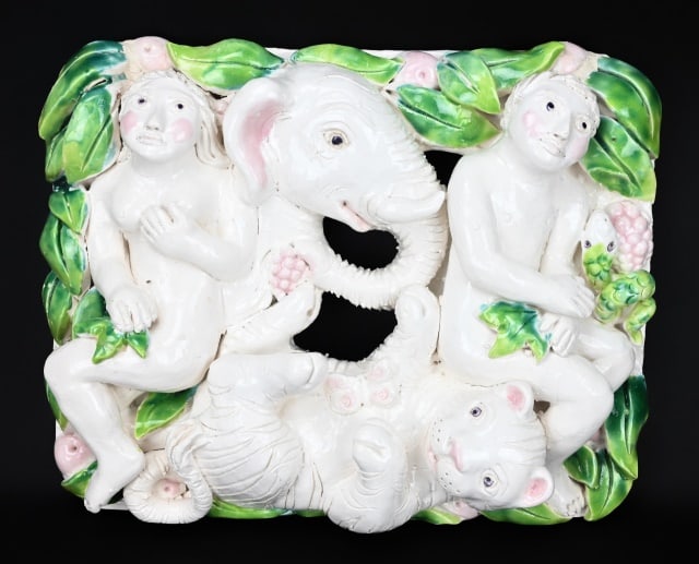 Sylvie Majolica Sculpture Adam and Eve Signed: Sylvie Majolica Sculpture Adam and Eve Signed. 14 inches x 12 inches.