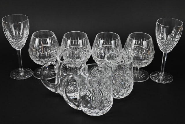4 Waterford Crystal Snifters, 3 Mugs, 2 Wine Glass: 4 Waterford Crystal Snifters, 3 Waterford Mugs, 2 Waterford Wine Glasses. Snifters measures 6 inches x 4 inches.