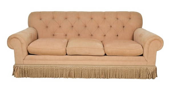 E J Victor Upholstered Tufted Fringe Skirt Sofa: E J Victor Custom Upholstered Tufted Fringe Skirt Sofa.Measures 37.5 inches x 86.5 inches x 40.5 inches, seat height 21 inches.