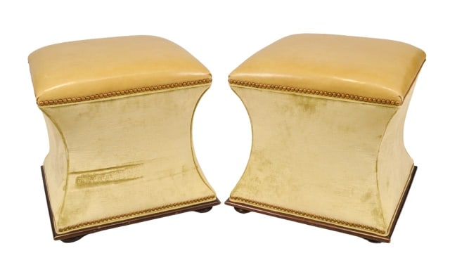 Hickory Dark Walnut Leather and Velvet Ottomans: Hickory Chair Furniture Dar Walnut Leather and Velvet Upholstered Ottoman with Nail Head Trim.Measures 19 inches x 18.5 inches x 18.5 inches.