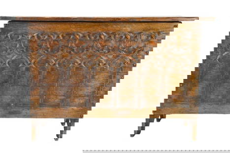 Antique Victorian Carved Gothic Blanket Chest: Antique Victorian Hand Carved Gothic Panel Blanket Chest. Measures 20 x 30 x 14