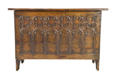 Antique Victorian Carved Gothic Blanket Chest: Antique Victorian Hand Carved Gothic Panel Blanket Chest. Measures 20 x 30 x 14