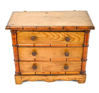 Antique French Bamboo Carved Doll Dresser: Antique French Faux Bamboo Carved Pine Doll Dresser with 3 Drawers. 11 inches x 13 inches x 6 inches