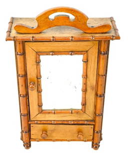 Antique French Bamboo Carved Doll Armoire: Antique French Faux Bamboo Carved Pine Doll Armoire with Mirrored Door, Shelves and Drawer. 16 inches x 10 inches x 4 inches