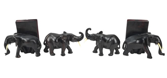 Pair Elephant Bookends, 2 Carved Elephant Figures (1 of 8)