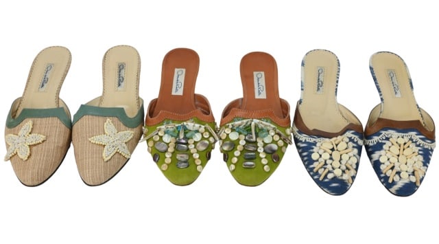 3 Pair Vintage Oscar de la Renta Jeweled Slippers: 3 Pair Vintage Oscar de la Renta Jeweled Slippers with Sewn on Shell Designs with Leather Soles Size 38 in Black Tones. Approximately 10 inches long.