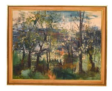 Stanely Sobossek Signed Oil Painting Forest: Stanley Sobossek, American (1918 - 1996), Signed Expressionist Oil Painting on Canvas of Forest Landscape, Framed. Framed measures 48 inches x 39 inches, art measures 33 inches x 42 inches.