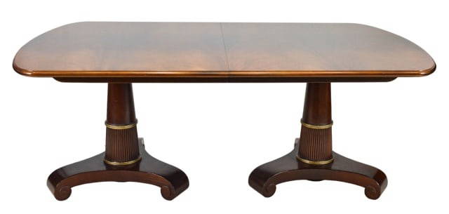 Baker Crotch Mahogany Pedestal Dining Table: Baker Crotch Mahogany Pedestal Dining Table with 3 Leaves.Measures 30 inches x 133 inches x 46 inches. Leaves measures 19 inches each.