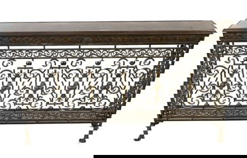 19th C. Louis XV Wrought Iron Brass Console Table: 19th Century French Louis XV Wrought Iron Console Table with Ornate Inlaid Brass Surface and Scallop Shell Motif and Lion's Paw Feet.Measures 40 inches x 69 inches x 11 inches.