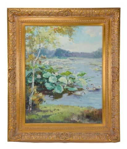 Monet Style Impressionist Oil Painting Pond Lilies: Monet Style Impressionist Oil Painting on Canvas of Pond Lilies and Swans in Gilt Carved Frame, Unsigned. Framed measures 42 inches x 34 inches, art measures 30 inches x 23 inches.
