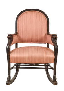 Antique English Wainscot Carved Rocking Chair: Antique English Wainscot Hand Carved Custom Upholstered Rocking Chair with Lion's Head Arms. Measures 39 x 24 x 29 x 18