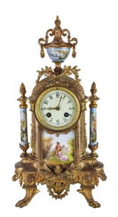 Antique French Mantle Clock w Sevres Porcelain: Antique French Mantle Clock w Sevres Porcelain Inserts and Ormolu Accents, Urn Pediment. 17 inches x 9 inches x 6 inches