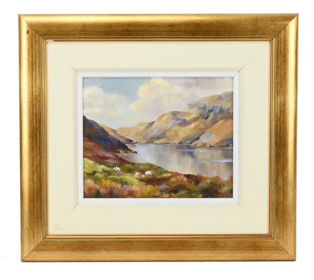 Hamilton Sloan Signed Oil Painting Lough Salt: Hamilton Sloan, Ireland Born 1945, Signed Oil Painting on Board Titled Lough Salt. Framed measures 18 inches x 20 inches, art measures 9 inches x 11 inches.
