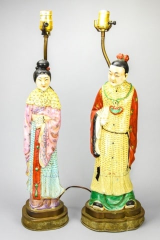 Antique Chinese Polychrome Porcelain Figural Lamps (1 of 9)
