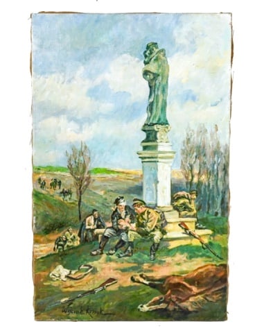 Wojciech Kossak Signed Oil Painting Polish Soldier: Wojciech Adalbert Kossak, Poland 1856-1942, Signed Oil Painting on Canvas of World War II Polish Soldiers at "The Price Is The Price" Memorial Statue, Unframed. Measures 24 inches x 15 inches