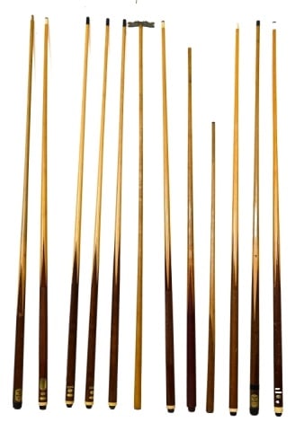 Collection of 12 Pool Cues: Collection of 12 Pool Cues. Measuring approximately 57 inches long.