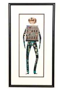 Harris G. Strong Signed Mixed Media Art Hacker: Harris G. Strong, American 1920-2006, Signed Mixed Media Art with Circuit Board Component Titled Hacker, Framed with Gallery Label. Framed measures 32 inches x 17 inches, art measures 23 inches x