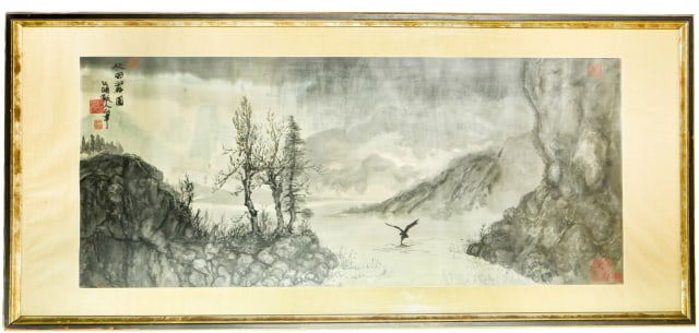 Large Scale Framed Asian Watercolor on Silk Crow (1 of 9)