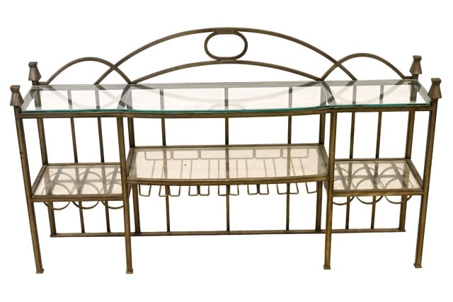 Bakers Metal and Glass Shelf with Wine Rack: Bakers Metal and Glass Shelf with Wine RackMeasures 32 inches x 54 inches x 12 inches.