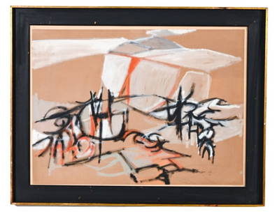 Takao Tunabe Signed Gouache on Paper Abstract: Takao Tanabe, Canada Born 1926, Signed and Dated 1958 Abstract, Framed. Framed measures 25 inches x 38 inches, art measures 22 inches x 31 inches.