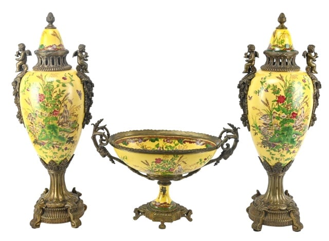 3 Wong Lee Hand Painted Porcelain Centerpiece: Wong Lee Hand Painted Porcelain and Bronze Centerpiece.Largest measures 21 inches x 8 inches diameter.