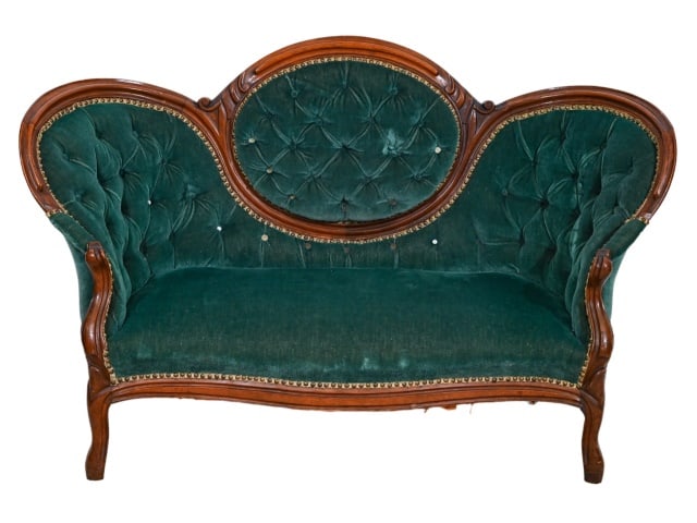 Antique Victorian Carved Upholstered Love Seat (1 of 13)