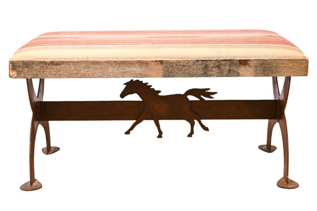 Vintage Teak & Weathered Steel X Base Bench (1 of 13)