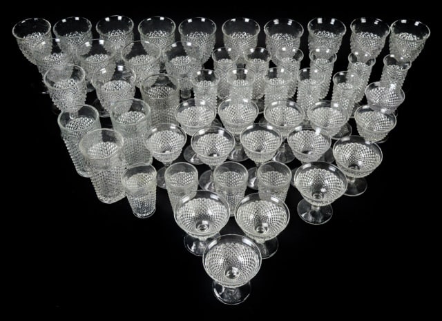 Set Vintage American Saw Tooth Pressed Glassware: Set Vintage American Saw Tooth Pressed Glass Glassware and Stemware. Includes wine glasses, water glasses, champagne glasses, juice glasses, and appertif or cocktail glasses.