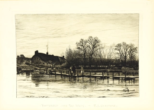 Richard Samuel Chattock Footbridge Over The Wiley: Richard Samuel Chattock "Footbridge Over The Wiley" Etching. Etching by Richard Samuel Chattock (British, 1825 - 1906). Measures 10 inches x 13.75 inches overall.