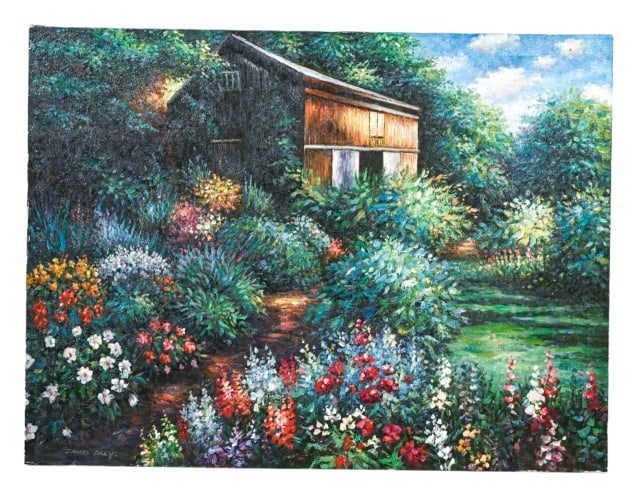 James Daly Signed Impressionist Oil Painting Field: James Daly Signed Impressionist Oil Painting of Flowers in Field with Barn, Unframed. Measures 30 inches x 41 inches.