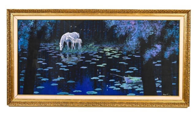 Henry Yik-Tong Shih Signed Painting Pond w Horses (1 of 12)