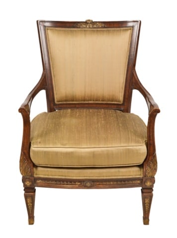 Louis Philippe Hand Carved Upholstered Armchair: Louis Philippe Style Hand Carved Upholstered Armchair.Measures 40 inches x 28 inches x 26 inches, seat height 19 inches.
