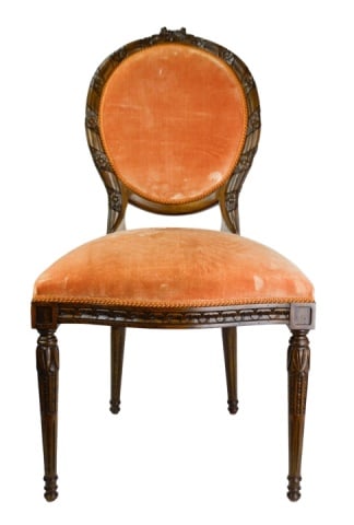 Louis XVI Style Carved Medallion Back Side Chair: French Louis XVI Style Medallion Back Custom Upholstered Side Chair.Measures 39.5 inches x 21.25 inches x 25 inches inches, seat height 20 inches.
