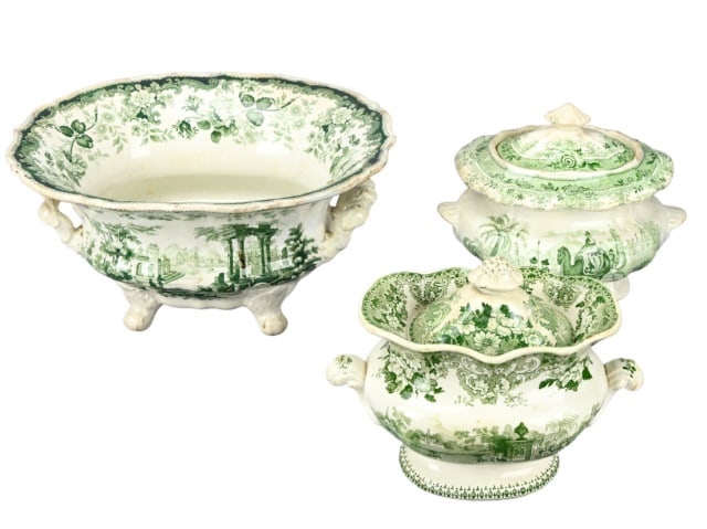 3 Antique Green English Transfer Ware Containers (1 of 10)