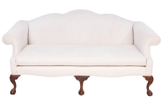 Georgian Style Carved Upholstered Camel Back Sofa (1 of 13)
