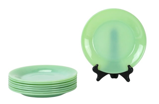 Vintage Fired King Ware Green Glass Dinner Plates: 8 Eight Vintage Fired King Ware Green Glass Dinner Plates. Measure 9 inches in diameter.