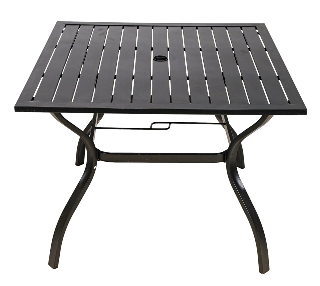 Metal Black Outdoor Table with Umbrella Hole: Metal Black Outdoor Table with Umbrella Hole.Measures 28 inches x 37 inches x 37 inches.
