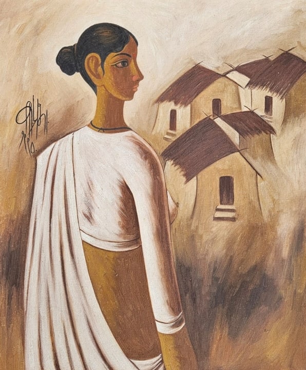B. Prabha Signed Oil Painting on Canvas of a Woman: B. Prabha Signed Oil Painting on Canvas of a Woman 1990. Any condition statement is given as a courtesy to a client, is only an opinion and should not be treated as a statement of fact.Measures 24 inc