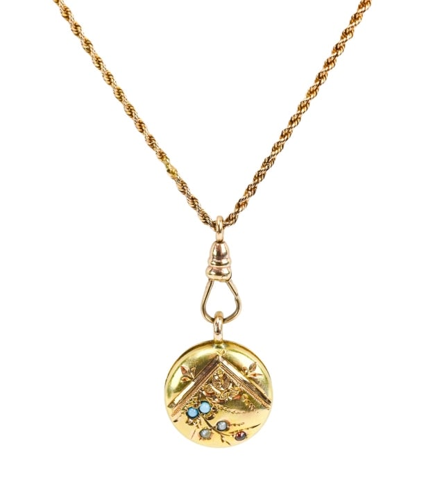 10K Yellow Gold 9G Antique Longuard Chain & Locket: 10K Yellow Gold Antique 9G Longuard 22 Inch Chain & Small Locket with Seed Pearls, Seed Turquoise, and Seed Ruby. Locket does not open. Gold karat and Stone carat weights are for estimating purposes, 