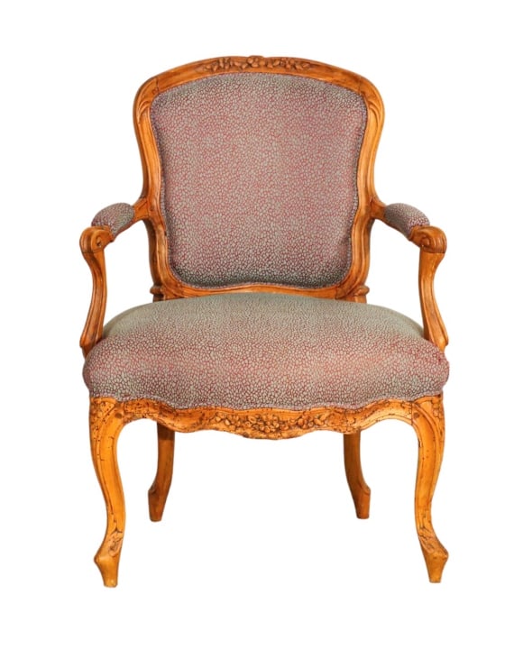Louis XV Hand Carved Upholstered Fauteuil: Louis XV Hand Carved Custom Upholstered Fauteuil on Cabriole Legs.Measures 32 inches x 24 inches x 20 inches.