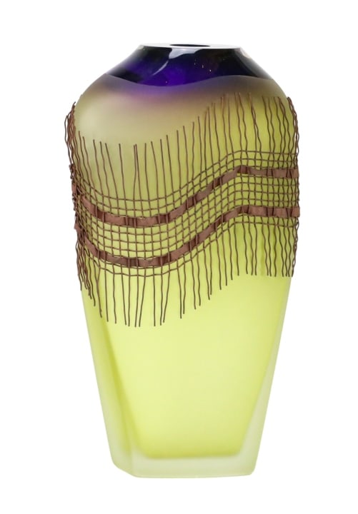 Jim Connie Grant Studio Art Glass Mixed Media Vase: Jim & Connie Grant Studio Art Glass Mixed Media Vase Titled Celestial Weaver. Measures 13 inches x 8 inches.