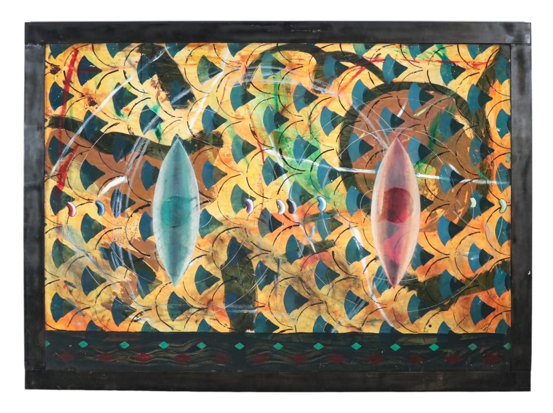 Yuval Shaul Signed Large Scale Abstract Painting: Yuval Shaul, Israel Born 1961, Signed Large Scale Mural Style Abstract Mixed Media Oil Painting on Board, Framed in Metal. Measures 55 inches x 75.